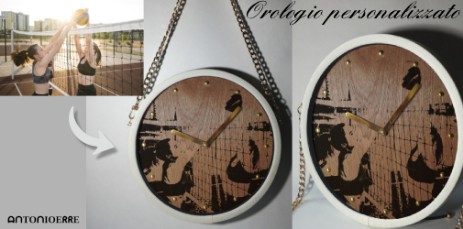 Orologio moderno in legno di noce, personalizzabile con la foto del tuo bambino. Tracolla e dettagli dorati, bordo in ecopelle beige. Un ricordo prezioso e decorativo per la tua casa.